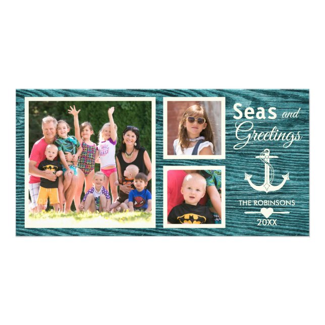 Nautical Anchor Rustic Wood Family Christmas Photo Card (Front)