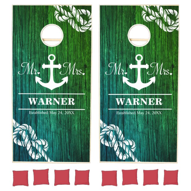 Nautical Anchor Rustic Wood Mr Mrs Custom Wedding Cornhole Set (Set)