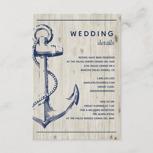 Nautical Anchor Rustic Wood Wedding Detail Enclosure Card