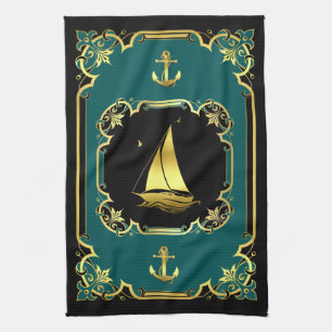 Nautical anchor/sailboat gilded black/gold/aqua kitchen towel
