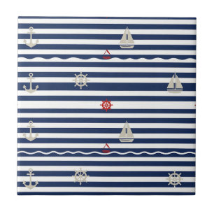 Nautical Anchor Sailboat Stripe Pattern Ceramic Tile