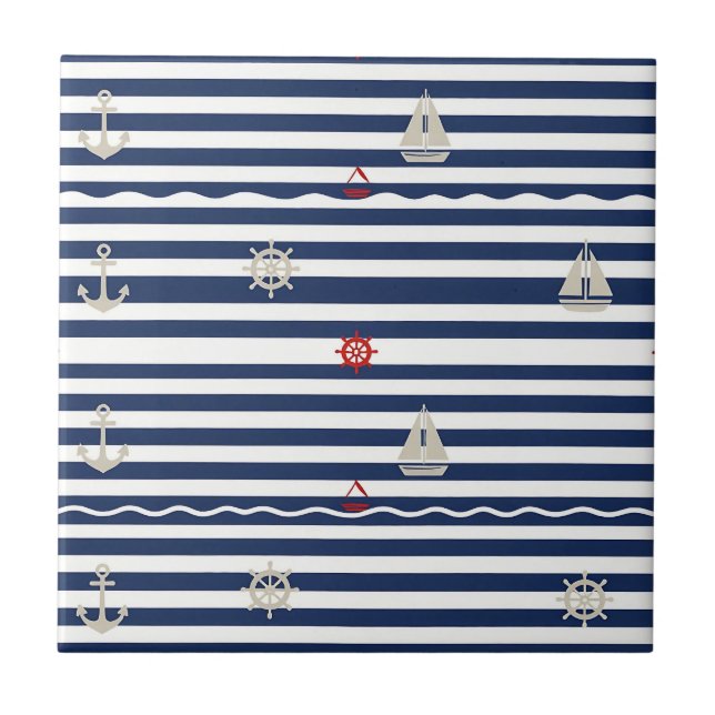 Nautical Anchor Sailboat Stripe Pattern Ceramic Tile (Front)
