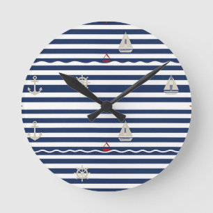 Nautical Anchor Sailboat Stripe Pattern Round Clock