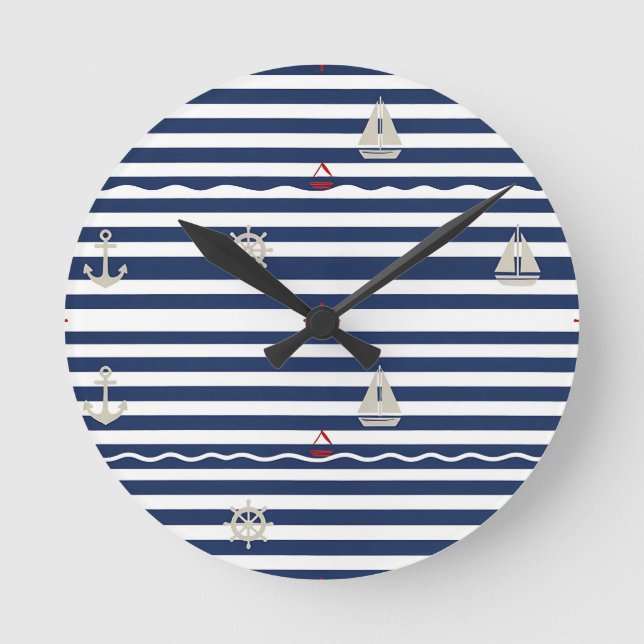 Nautical Anchor Sailboat Stripe Pattern Round Clock (Front)