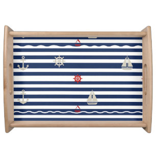 Nautical Anchor Sailboat Stripe Pattern Serving Tray