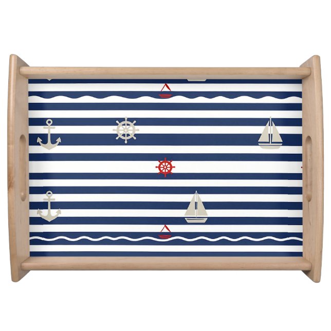 Nautical Anchor Sailboat Stripe Pattern Serving Tray (Front)