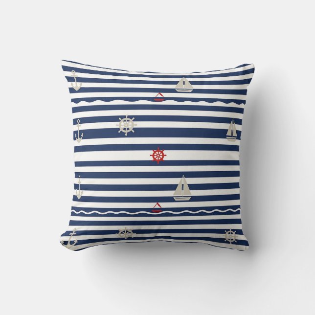 Nautical Anchor Sailboat Stripe Pattern Throw Pillow (Front)