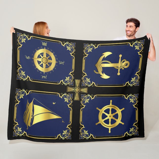 Nautical anchor/sailboat wheel/compass/Cletic X Fleece Blanket (In Situ)