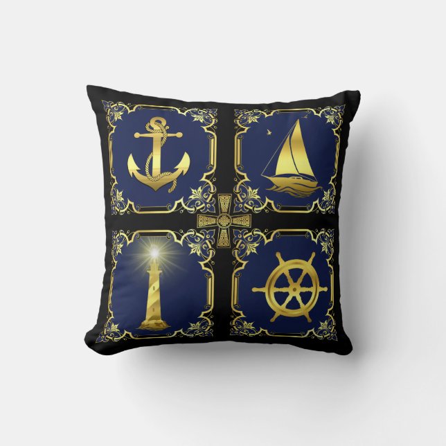 Nautical anchor/sailboat/wheel/lighthouse gold/blu throw pillow (Front)