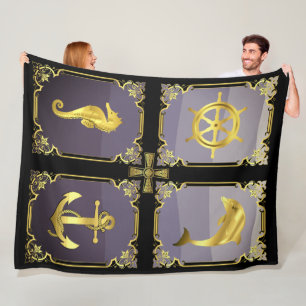 Nautical anchor/sailboat wheel/seahorse/dolphin+ f fleece blanket