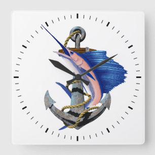 Nautical Anchor Sailfish Fishing Square Wall Clock