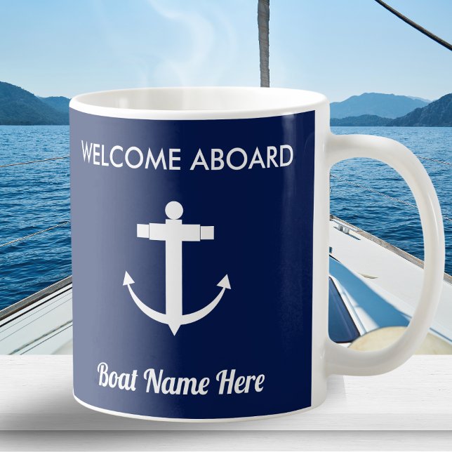 Nautical Anchor Sailing Navy Blue Welcome Aboard Coffee Mug (A personalized nautical mug in navy blue and white, with 'Welcome Aboard' message and anchor picture)
