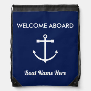 Nautical Anchor Sailing Navy Blue Welcome Aboard Drawstring Bag