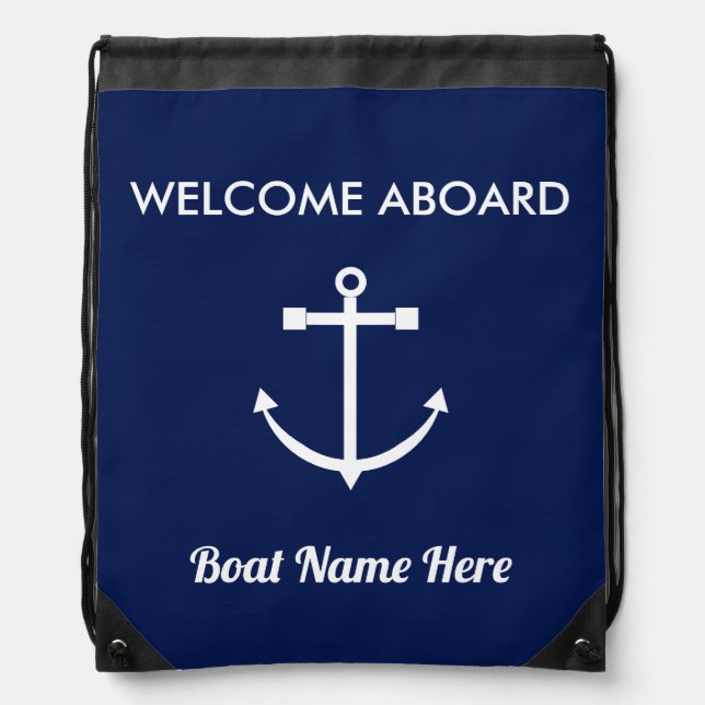 Nautical Anchor Sailing Navy Blue Welcome Aboard Drawstring Bag (Front)