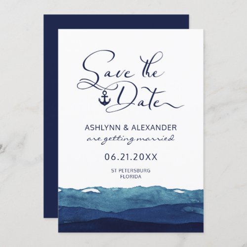 Nautical Anchor Script Typography Watercolor Navy Save The Date