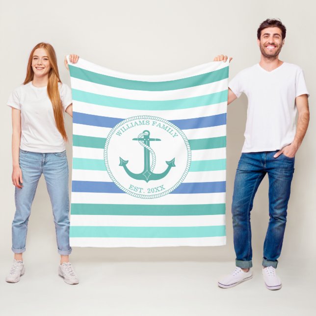 Nautical Anchor Seafoam Stripe Family Monogram Fleece Blanket (In Situ)