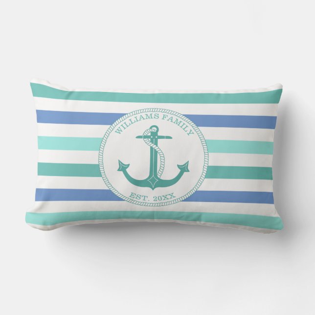 Nautical Anchor Seafoam Stripe Family Monogram Lumbar Pillow (Front)