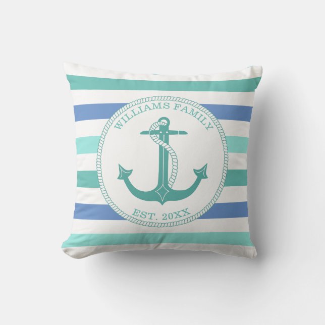 Nautical Anchor Seafoam Stripe Family Monogram Throw Pillow (Front)