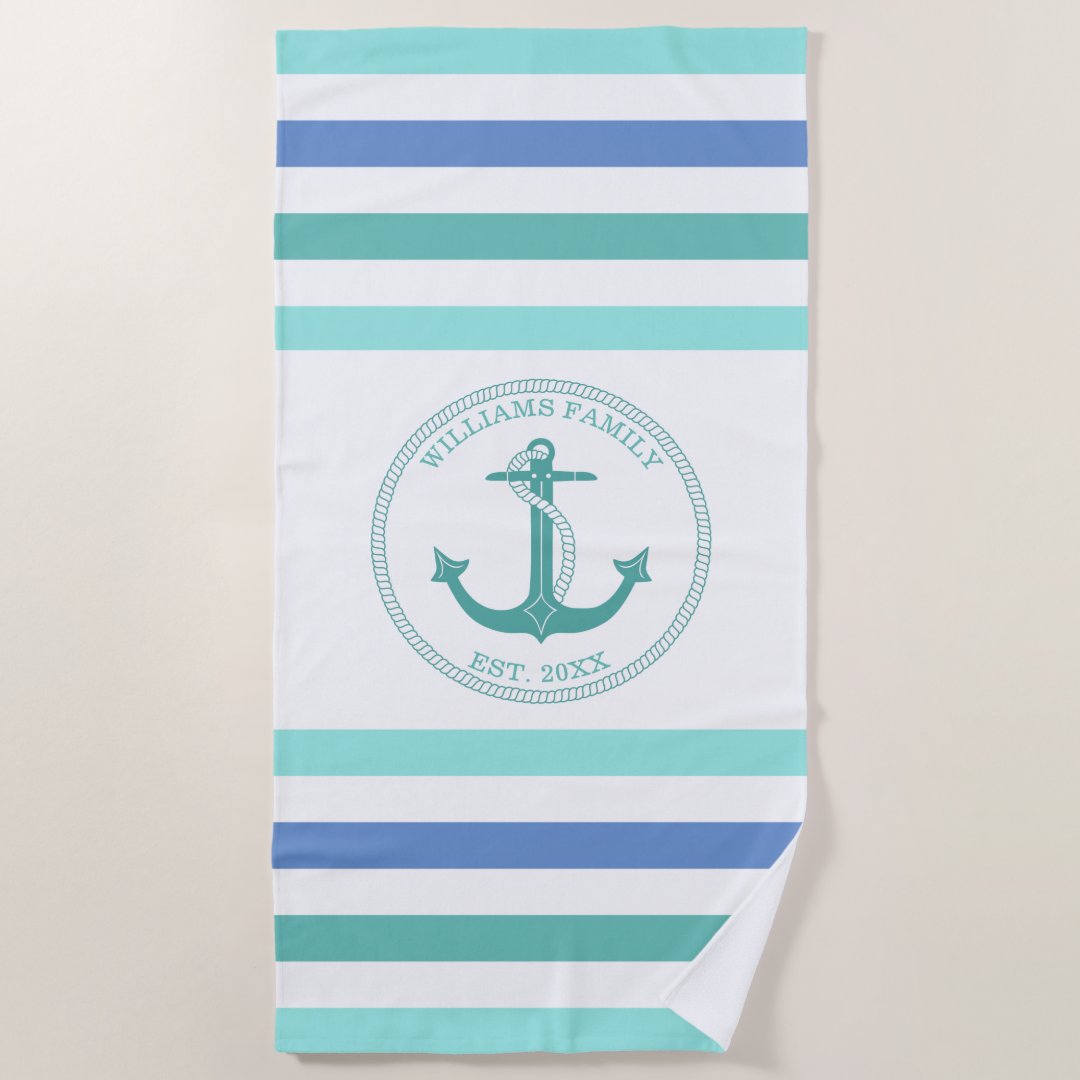 Nautical Anchor Seafoam Striped Monogrammed Name Beach Towel | Zazzle