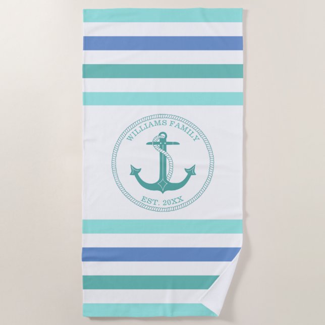 Nautical Anchor Seafoam Striped Monogrammed Name Beach Towel (Front)