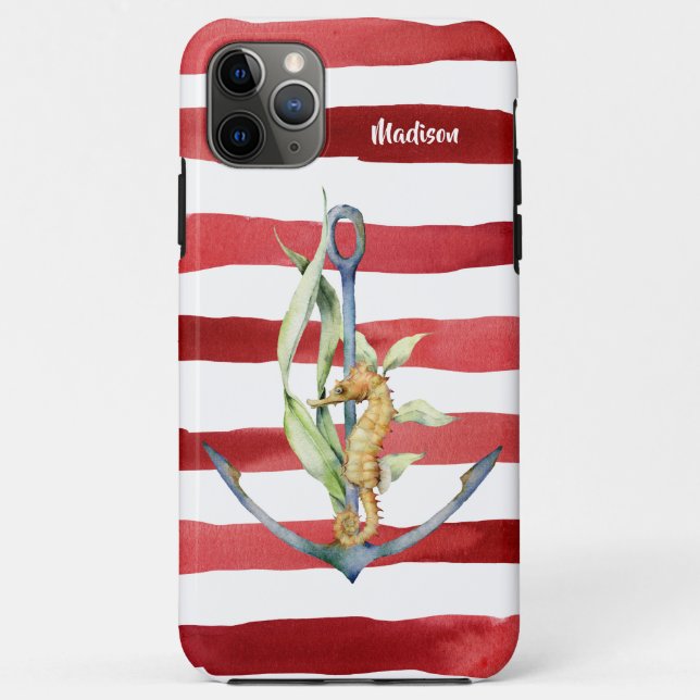 Nautical Anchor Seahorse and Stripes with Name Case-Mate iPhone Case (Back)