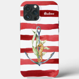 Nautical Anchor Seahorse and Stripes with Name iPhone 13 Pro Max Case
