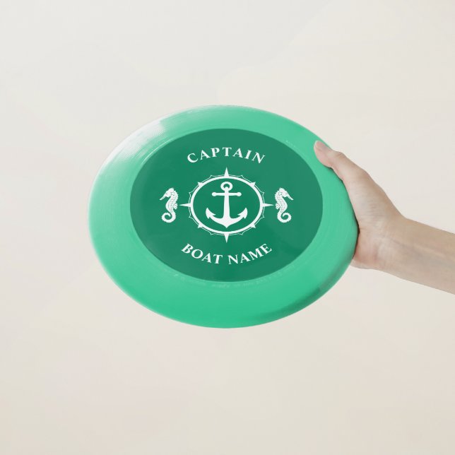 Nautical Anchor Seahorse Captain Boat Name Green Wham-O Frisbee (In Hand)