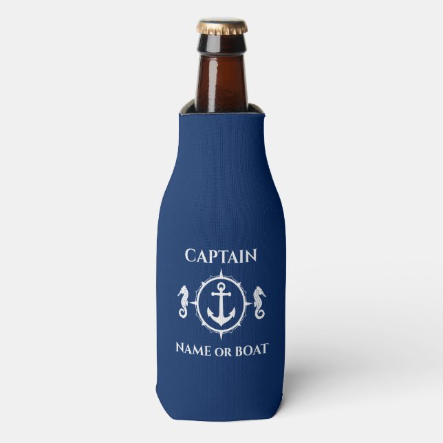 Nautical Anchor Seahorse Captain Boat Name Navy Bottle Cooler (Bottle Front)