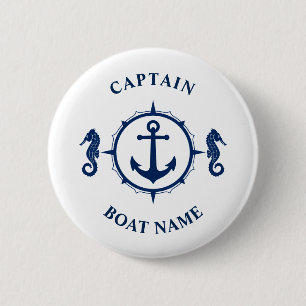 Nautical Anchor Seahorse Captain Boat Name Navy Button