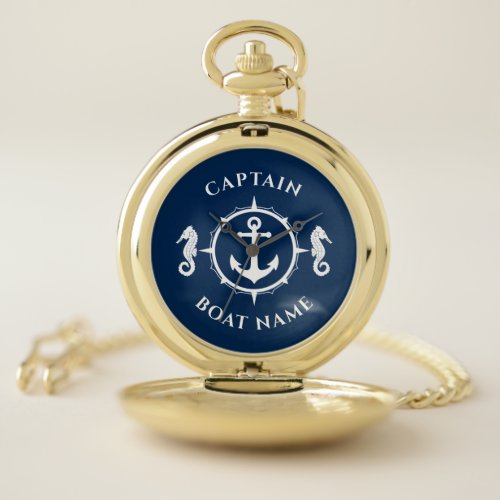 Nautical Anchor Seahorse Captain Boat Name Navy Pocket Watch