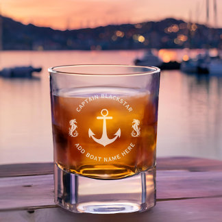 Nautical Anchor & Seahorse Captain & Boat Name  Rocks Glass