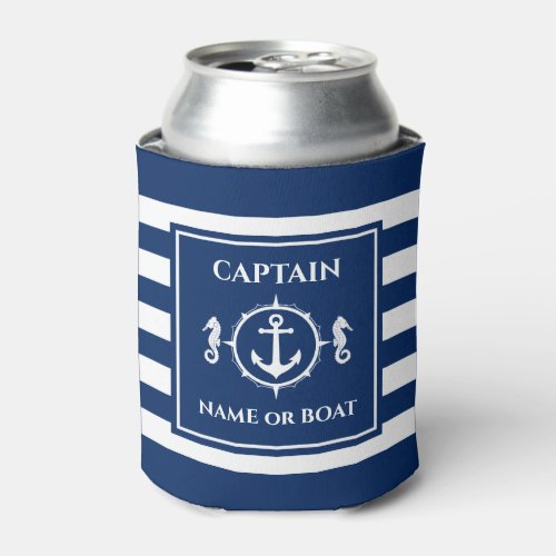 Nautical Anchor Seahorse Captain Name or Boat Navy Can Cooler