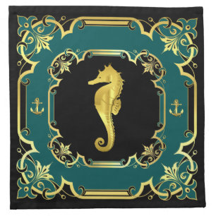 Nautical anchor/seahorse gilded black/gold/aqua cloth napkin