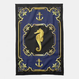 Nautical anchor/seahorse gilded black/gold/blue kitchen towel