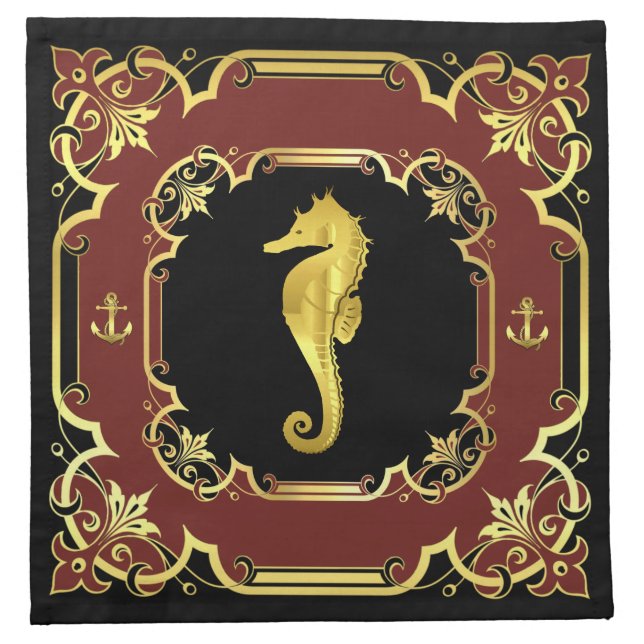 Nautical anchor/seahorse gilded black/gold/red cloth napkin (Front)