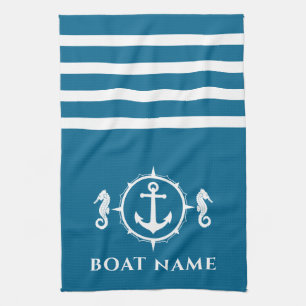 Nautical Anchor Seahorse Your Boat Name Aqua Blue Kitchen Towel