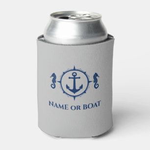 Nautical Anchor Seahorse Your Name or Boat Lt Gray Can Cooler
