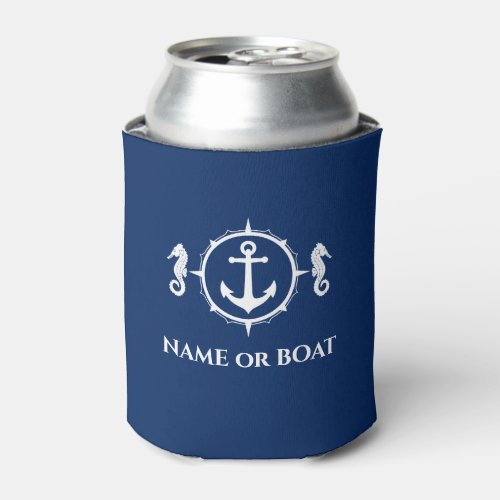 Nautical Anchor Seahorse Your Name or Boat Navy Can Cooler