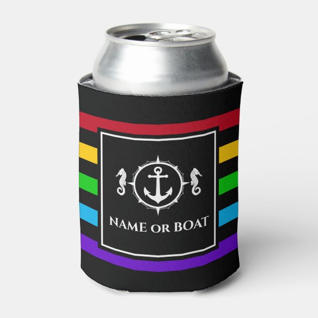 Nautical Anchor Seahorse Your Name or Boat Neon Can Cooler (Can Front)