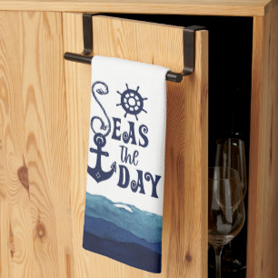 Nautical Anchor SEAS THE DAY Navy Blue White Kitchen Towel