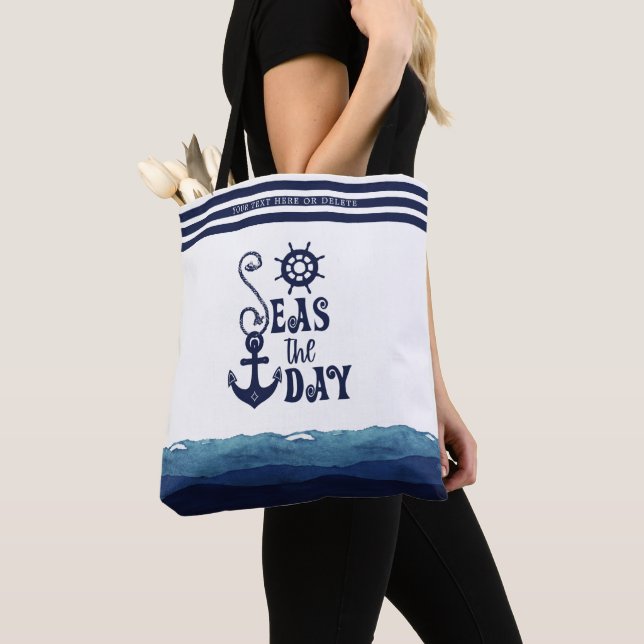Nautical Anchor SEAS THE DAY Navy Personalized Bea Tote Bag (Close Up)