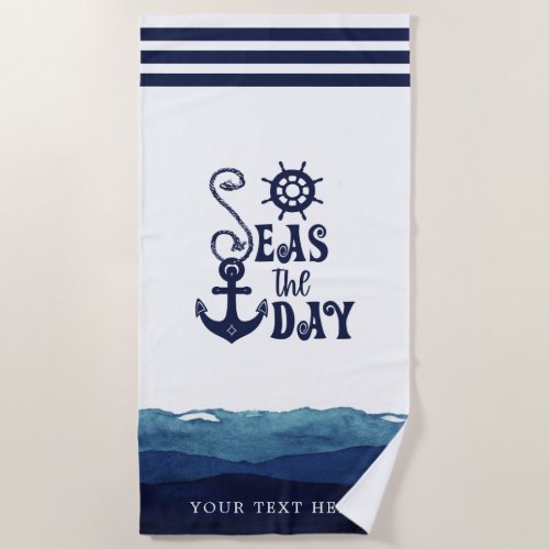 Nautical Anchor SEAS THE DAY Navy Personalized Beach Towel