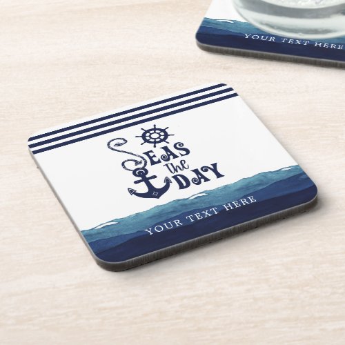 Nautical Anchor SEAS THE DAY Navy Personalized Beverage Coaster