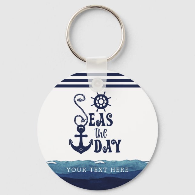 Nautical Anchor SEAS THE DAY Navy Personalized Keychain (Front)