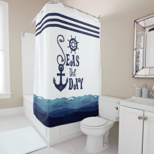 Nautical Anchor SEAS THE DAY Navy Watercolor Waves Shower Curtain