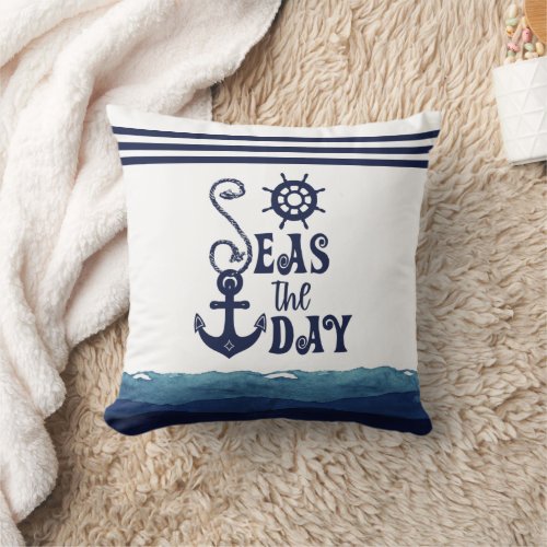 Nautical Anchor SEAS THE DAY Navy Watercolor Waves Throw Pillow