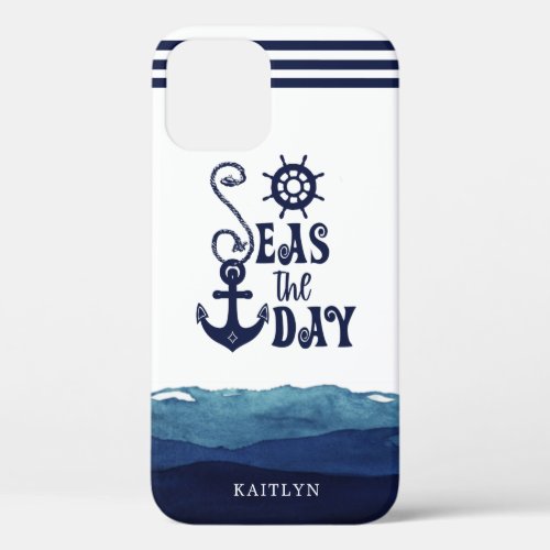 Nautical Anchor SEAS THE DAY Watercolor Waves Navy iPhone 12 Case - Personalized nautical or coastal themed cell phone case with an inspirational and motivational typography design titled SEAS THE DAY featuring an anchor, ship's wheel, watercolor waves and stripes in navy blue and white. Personalize with your name or custom text. HELP:  For assistance with design modification/personalization or transferring the design to another product, contact the designer BEFORE ORDERING via Zazzle Chat or makeitaboutyoustore@gmail.com.