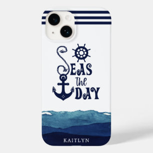 Nautical Anchor SEAS THE DAY Watercolor Waves Navy Case-Mate iPhone 14 Case