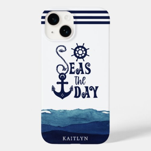 Nautical Anchor SEAS THE DAY Watercolor Waves Navy Case_Mate iPhone 14 Case