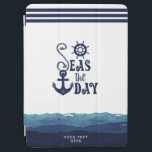 Nautical Anchor SEAS THE DAY Watercolor Waves Navy iPad Air Cover<br><div class="desc">Personalized nautical or coastal themed iPad cover with an inspirational and motivational typography design titled SEAS THE DAY featuring an anchor, ship's wheel, watercolor waves and stripes in navy blue and white. Personalize with your custom text. HELP: For assistance with design modification/personalization or transferring the design to another product, contact...</div>